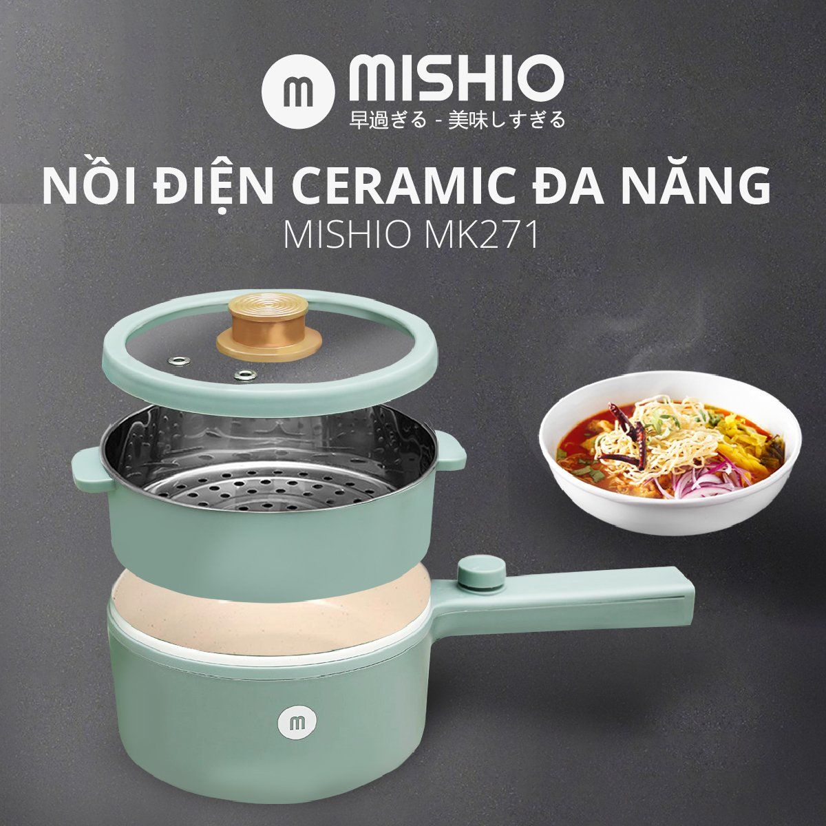  Nồi điện ceramic Đa Năng Mishio Kèm Xửng inox 304 MK271 1.5L 