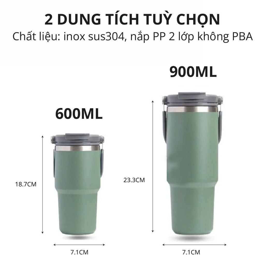 Hình ảnh chi tiết: Ly Giữ Nhiệt inox 304 không gỉ sét kèm quai xách và ống hút size 600ml và 900ml MK