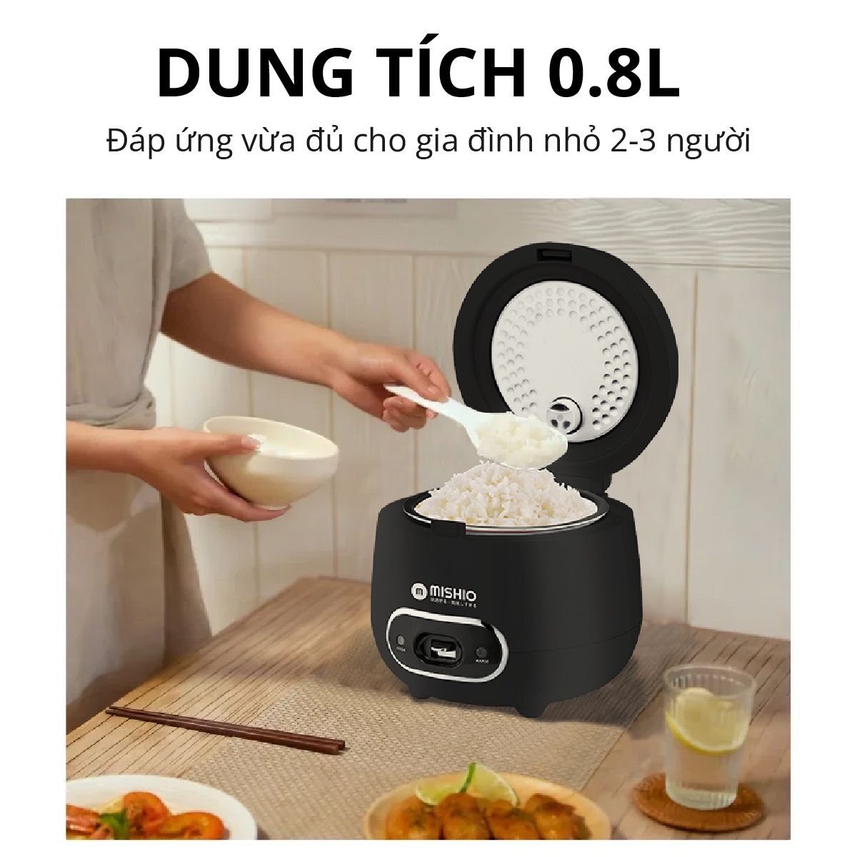  Nồi Cơm Điện Men Đá Mishio MK233 size 0.8L lòng nồi dày nặng nấu cơm ngon 
