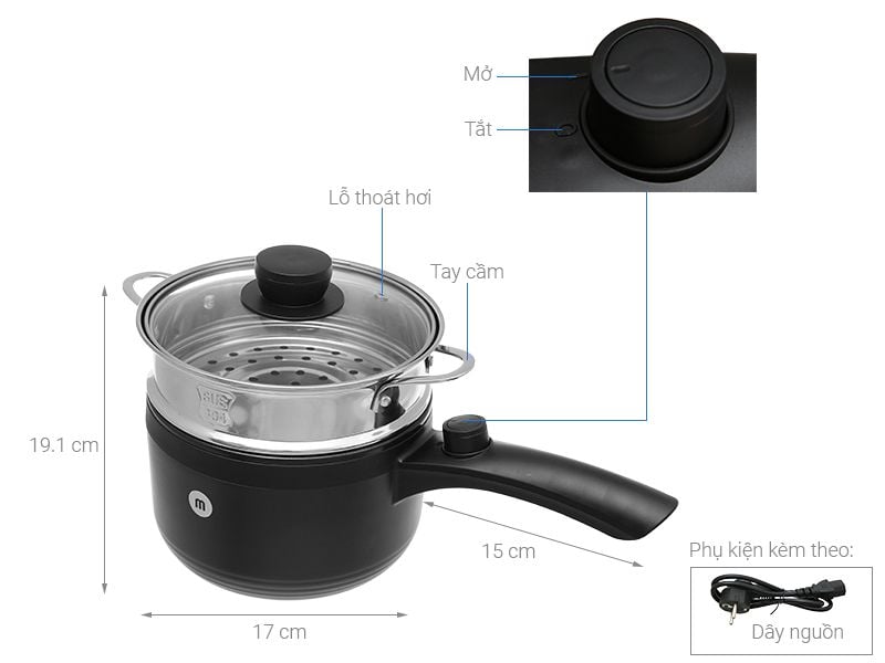 Nồi nấu đa năng Mishio MK321 |  Dung tích 1.5L kèm xửng hấp inox 304