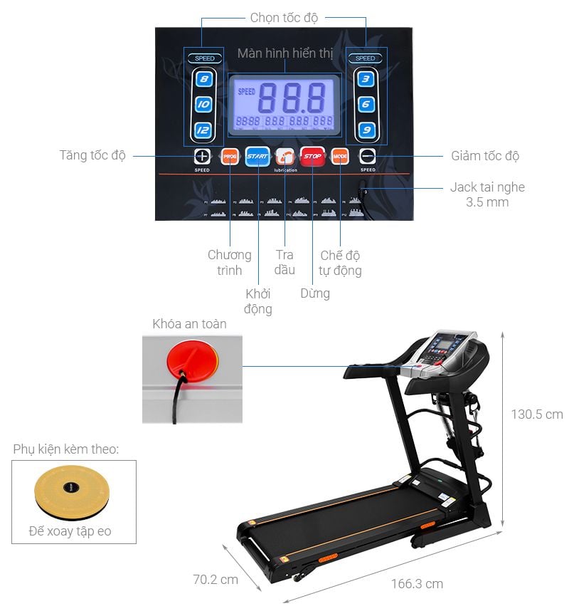 Máy Chạy Bộ Thể Dục AirBike Sport T800 (MK324) thảm chạy rộng 420 - thanh lý hàng trưng bày