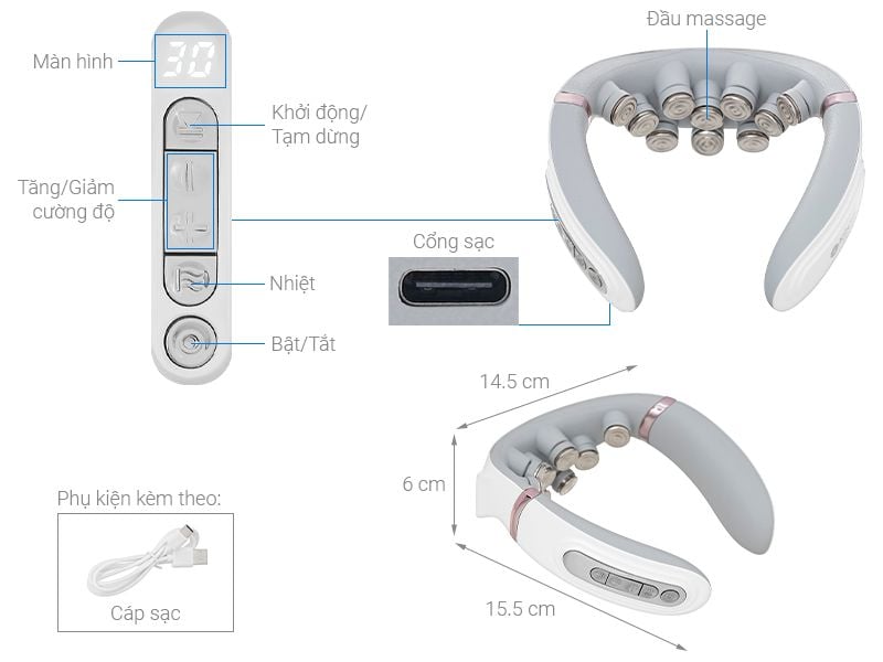  Máy massage cổ không dây 10 đầu rung nhiệt cao cấp Kachi MK350 tăng lưu thông tuần hoàn máu lên não giảm đau đầu, ngừa đột quỵ 