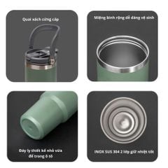 Ly Giữ Nhiệt inox 304 không gỉ sét kèm quai xách và ống hút size 600ml và 900ml