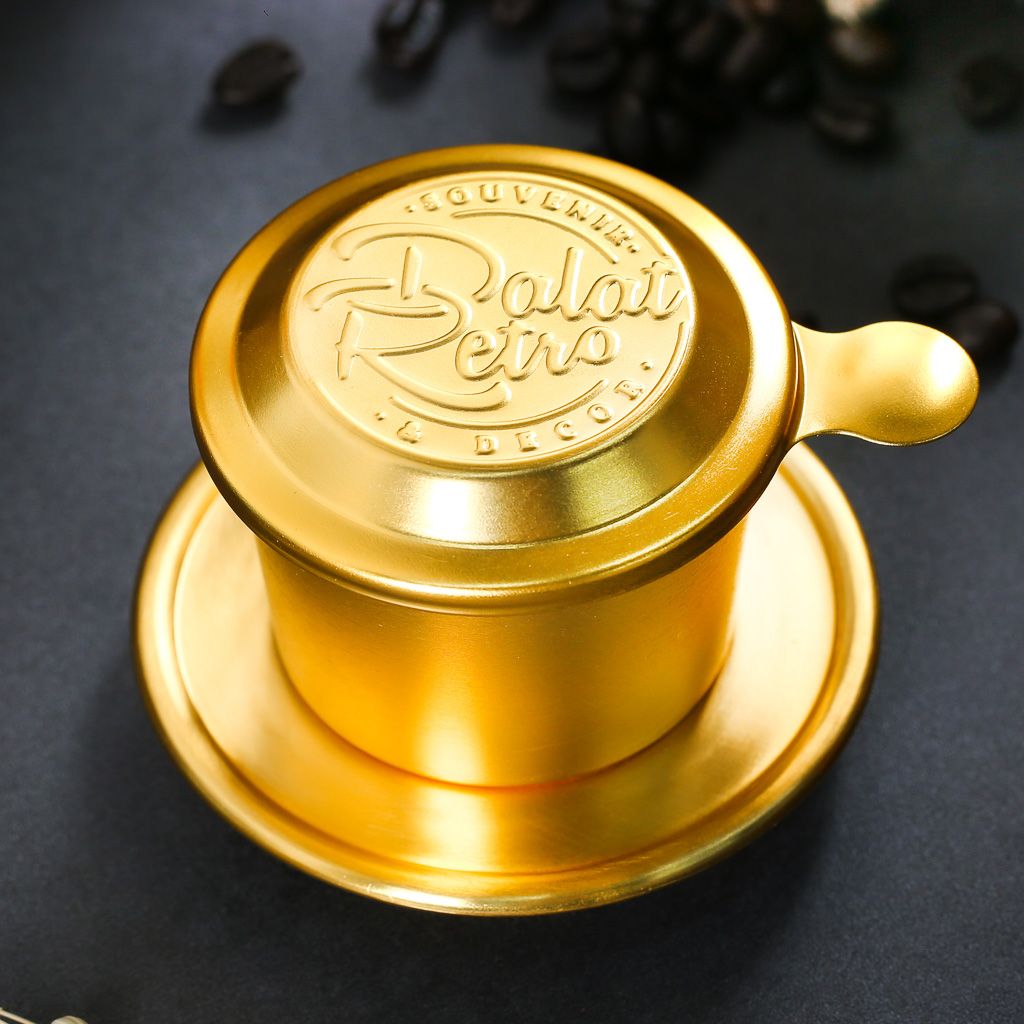 Phin cà phê, màu amber gold, bộ, mẫu nhôm anode xước, Dalat Retro
