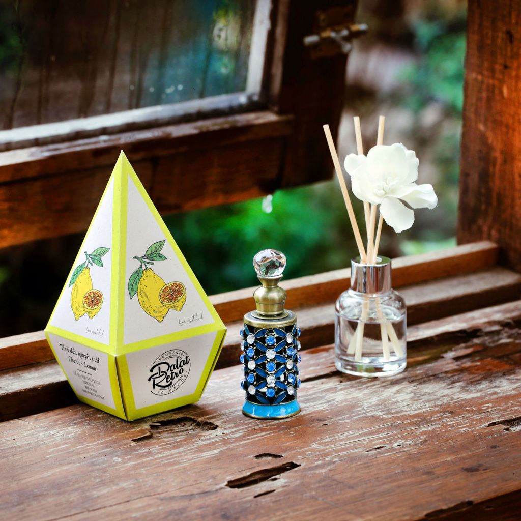 Tinh dầu nguyên chất, mẫu ether, 10ml, chanh lemon, hộp, Dalat Retro