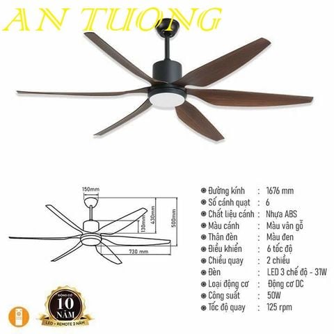  quạt trần đèn 6 cánh trang trí phòng khách, phòng ngủ, phòng bếp, căn hộ chung cư 02 