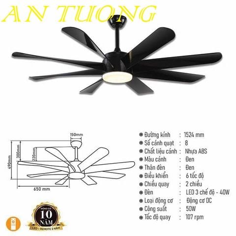  quạt trần đèn 8 cánh trang trí phòng khách, phòng ngủ, phòng bếp, căn hộ chung cư 02 