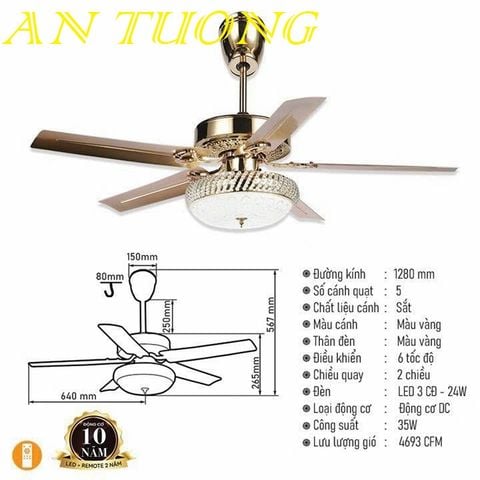  quạt trần đèn 5 cánh trang trí phòng khách, phòng ngủ, phòng bếp, căn hộ chung cư 016 