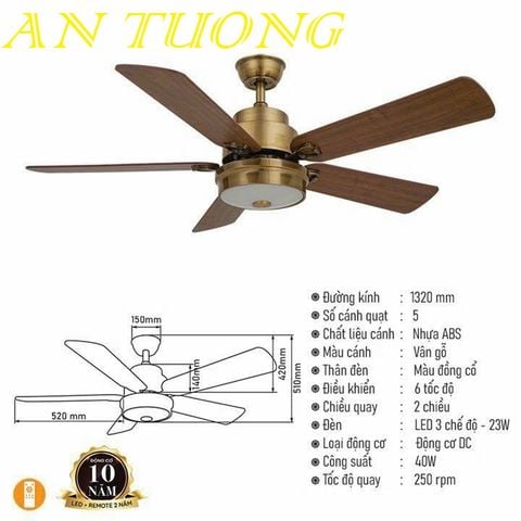  quạt trần đèn 5 cánh trang trí phòng khách, phòng ngủ, phòng bếp, căn hộ chung cư 020 