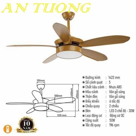  quạt trần đèn 5 cánh trang trí phòng khách, phòng ngủ, phòng bếp, căn hộ chung cư 022 