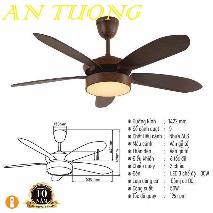quạt trần đèn 5 cánh trang trí phòng khách, phòng ngủ, phòng bếp, căn hộ chung cư 023