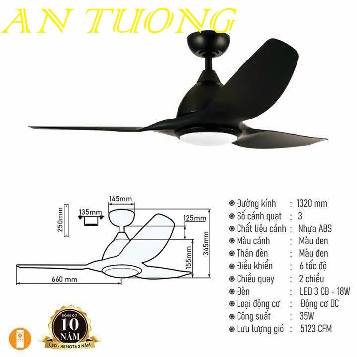 quạt trần đèn 3 cánh trang trí phòng khách, phòng ngủ, phòng bếp, căn hộ chung cư 025