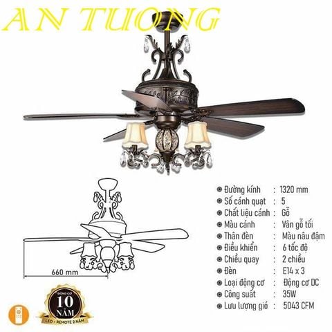  quạt trần đèn 5 cánh trang trí tân cổ điển phòng khách, phòng ngủ, phòng bếp, căn hộ chung cư 07 