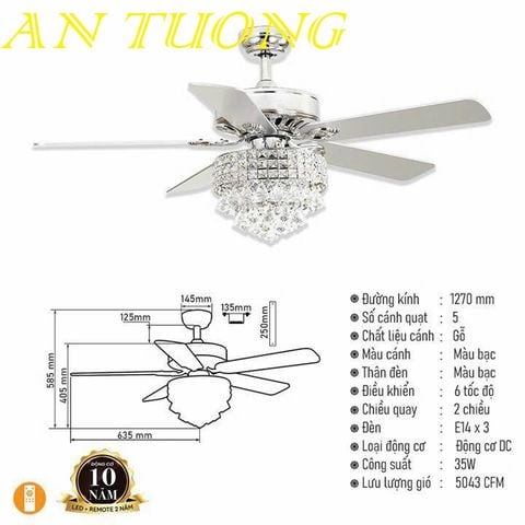  quạt trần đèn 5 cánh trang trí tân cổ điển phòng khách, phòng ngủ, phòng bếp, căn hộ chung cư 08 