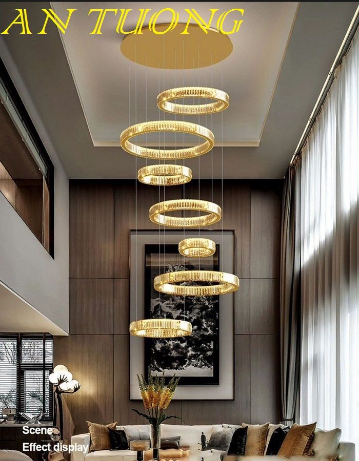 đèn chùm pha lê led thông tầng trang trí phòng khách thông tầng đẹp, hiện đại - đèn chùm trang trí căn hộ chung cư penthouse 01