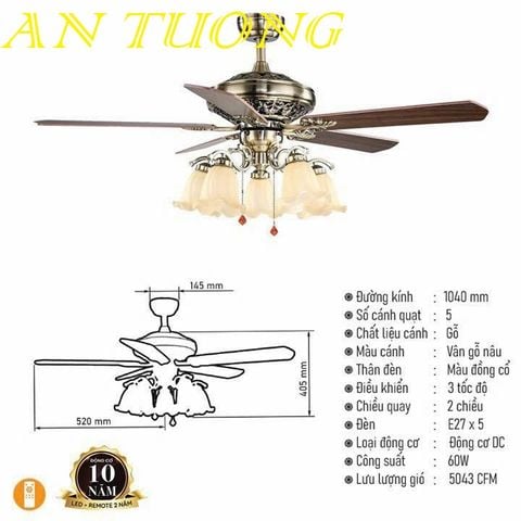  quạt trần đèn 5 cánh trang trí tân cổ điển phòng khách, phòng ngủ, phòng bếp, căn hộ chung cư 010 