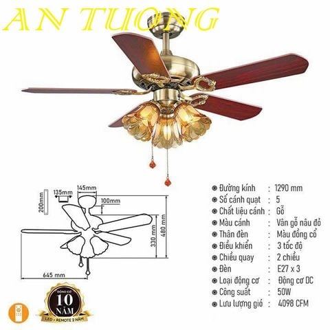  quạt trần đèn 5 cánh trang trí tân cổ điển phòng khách, phòng ngủ, phòng bếp, căn hộ chung cư 013 