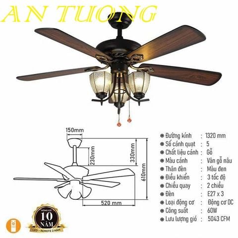  quạt trần đèn 5 cánh trang trí tân cổ điển phòng khách, phòng ngủ, phòng bếp, căn hộ chung cư 014 