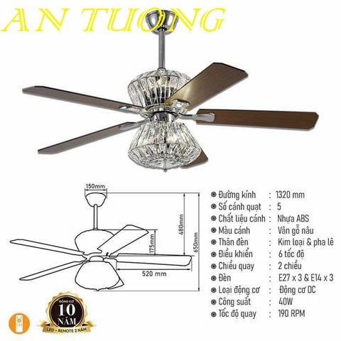  quạt trần đèn 5 cánh trang trí tân cổ điển phòng khách, phòng ngủ, phòng bếp, căn hộ chung cư 017 