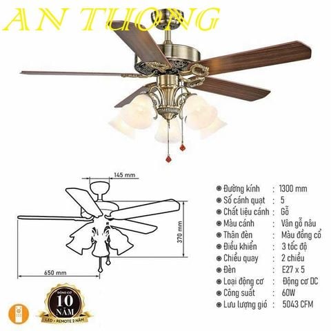  quạt trần đèn 5 cánh trang trí tân cổ điển phòng khách, phòng ngủ, phòng bếp, căn hộ chung cư 018 
