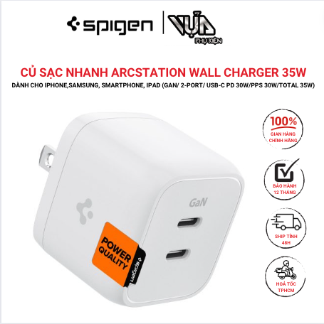  CỦ SẠC NHANH Spigen ARCSTATION WALL CHARGER 35W DÀNH CHO IPHONE,SAMSUNG, IPAD (GAN/2-PORT/USB-C PD 30W/PPS30W/TOTAL32W 