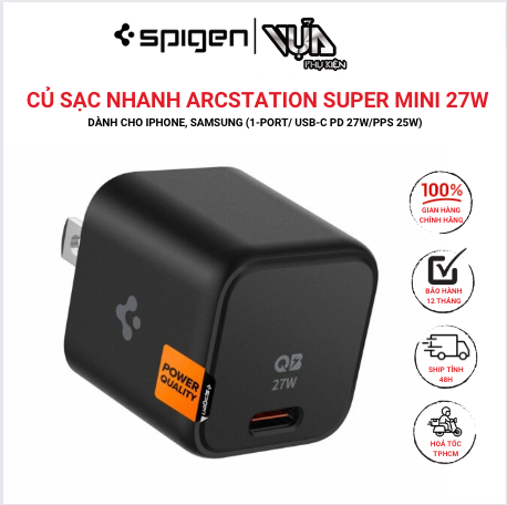  CỦ SẠC NHANH ARCSTATION SUPER MINI SPIGEN 27W DÀNH CHO IPHONE, SAMSUNG (1-PORT/ USB-C PD 27W/PPS 25W) 