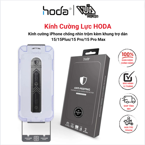  Kính cường lực HODA kèm khung trợ dán chống nhìn trộm có viền đen cho iPhone 15/ 15 Plus/15 Pro/ 15 Pro Max 