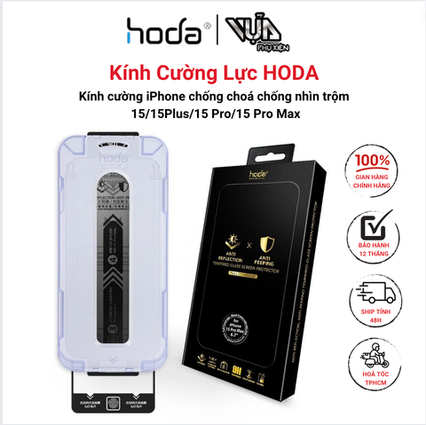  KÍNH CƯỜNG LỰC HODA 2IN1 KÈM KHUNG TRỢ DÁN CHỐNG CHÓI VÀ CHÔNG NHÌN TRỘM CÓ VIỀN ĐEN CHO IPHONE 15 SERIES 