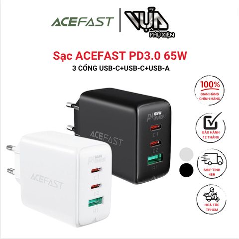  Củ Sạc ACEFAST PD3.0 65W 3 cổng USB-C+USB-C+USB-A (EU) -A13 Tương thích và có thể sạc cùng lúc nhiều thiết bị 