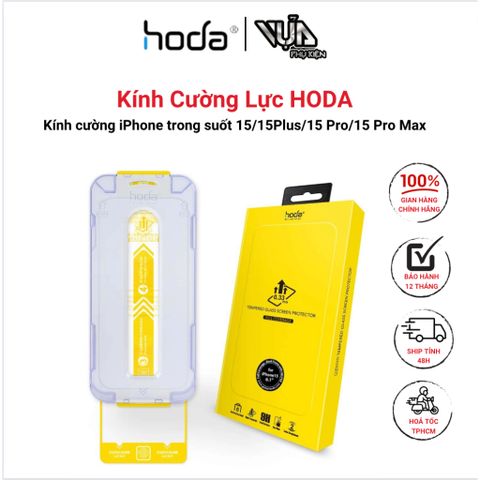  KÍNH CƯỜNG LỰC HODA KÈM KHUNG TRỢ DÁN TRONG SUỐT CÓ VIỀN ĐEN CHO IPHONE 15 SERIES 