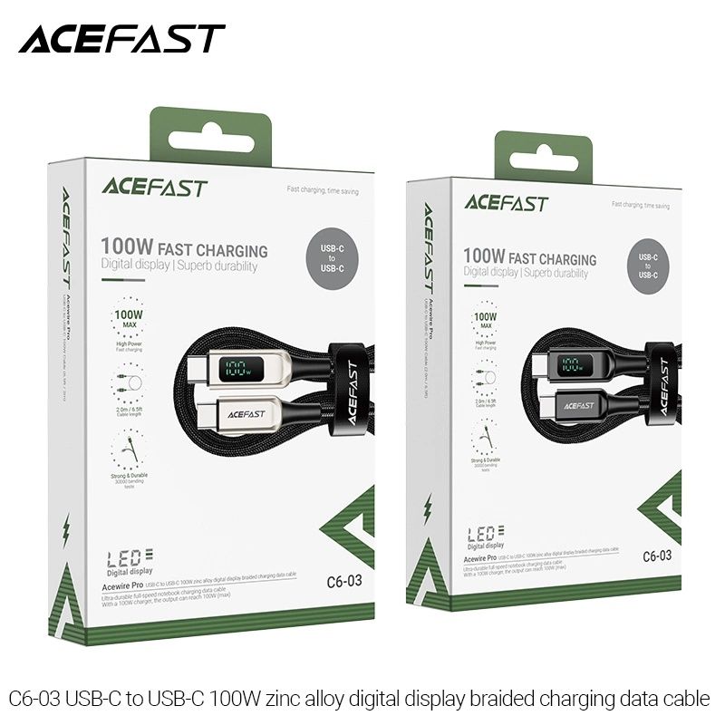  Dây Cáp ACEFAST Type C to Type C 100W (2m) - C6-03 Sạc và truyền dữ liệu đảm bảo nguồn điện ổn định Màn hình kỹ thuật số LED 