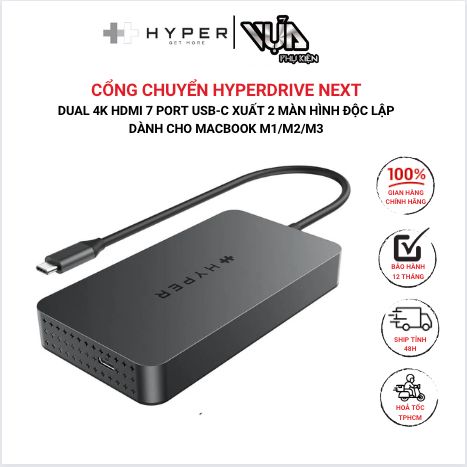  Cổng Chuyển Hyperdrive Next Dual 4K Hdmi 7 Port Usb-C Xuất 2 Màn Hình Độc Lập  Dành Cho Macbook M1/M2/M3 
