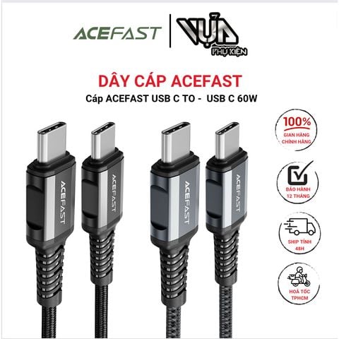  Dây Cáp ACEFAST Type C to Type C (1.2m) - C1-03 0W cho máy tính và sạc nhanh 3A cho điện thoại Android 