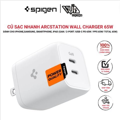  CỦ SẠC NHANH ARCSTATION WALL CHARGER 65W SPIGEN DÀNH CHO IPHONE,SAMSUNG, IPAD (GAN / 2-PORT /USB-C PD 65W 