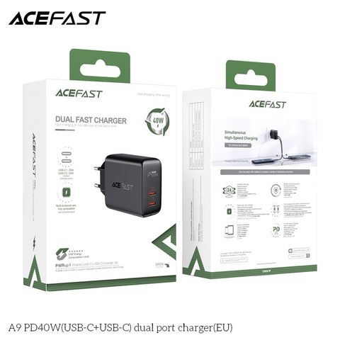  Củ Sạc ACEFAST PD3.0 40W 2 cổng USB-C (EU) - A9 Chất liệu PC chống cháy, chắc chắn và bền, nhiều mạch bảo vệ 