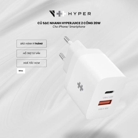 Củ sạc nhanh Hyperjuice 2 cổng 20W (A+C) cho iPhone và Smartphone HJ205EU