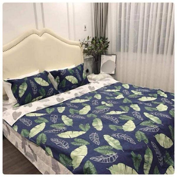  Bedding bộ chăn ga gối cưới Lá chuối xanh phối lá trắng 