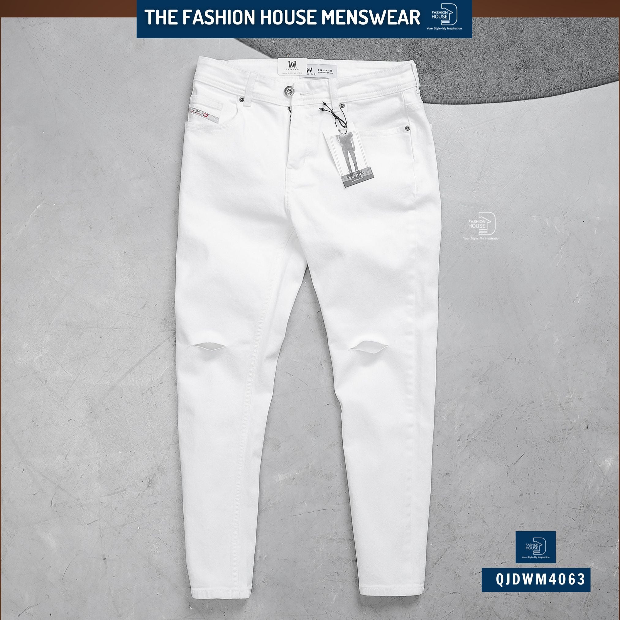 Quần Jean Trắng Rách Slimfit Deniwo QJDWM4063
