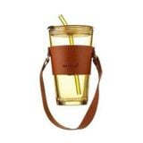 Ly Thủy Tinh Cao Cấp Quai Da Chống Nhiệt GOR màu vàng trà 450ml mẫu NN001