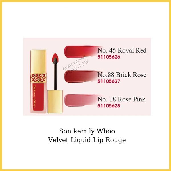 (HSD: 9/2026) Son Lì The history Of Whoo Gongjinhyang: Mi Velvet Liquid Lip Rouge Màu No.18 (Hàng Tách Set)