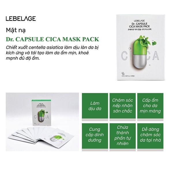 Hộp 10 Miếng Mặt Nạ Rau Má Hỗ Trợ Phục Hồi, Dịu Da Lebelage Dr.Capsule Cica Mask Pack 25mlx10