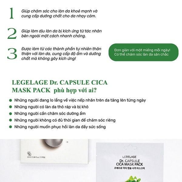 Hộp 10 Miếng Mặt Nạ Rau Má Hỗ Trợ Phục Hồi, Dịu Da Lebelage Dr.Capsule Cica Mask Pack 25mlx10