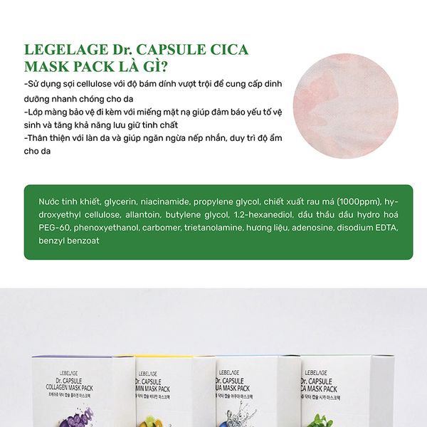Hộp 10 Miếng Mặt Nạ Rau Má Hỗ Trợ Phục Hồi, Dịu Da Lebelage Dr.Capsule Cica Mask Pack 25mlx10