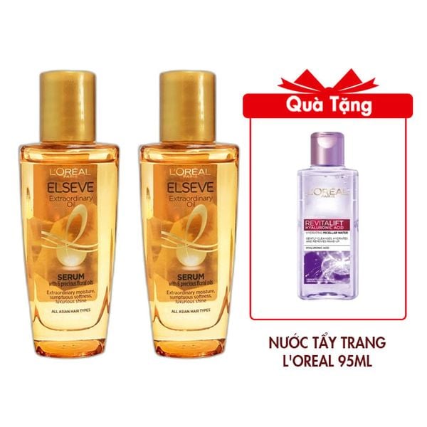 Combo 2 Dầu Dưỡng Tóc L'Oreal Tinh Dầu Hoa Tự Nhiên 30mlx2 Tặng Nước Tẩy Trang L'Oreal Căng Mịn Da Revitalift Hyaluronic Acid Hydrating Micellar Water 95ml