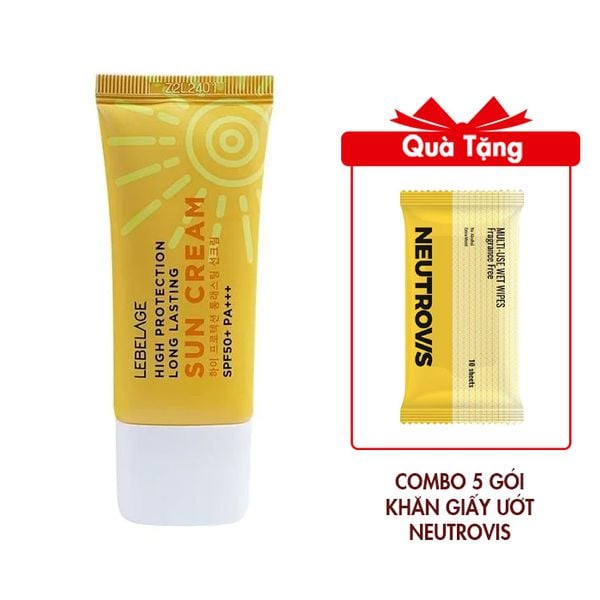 Kem Chống Nắng Chống Thấm Nước Lebelage SPF50+ Pa+++ High Protection Long Lasting Sun Cream 30ml (màu vàng) Tặng Combo 5 Gói Khăn Giấy Ướt Neutrovis - (Gói 10tờ)