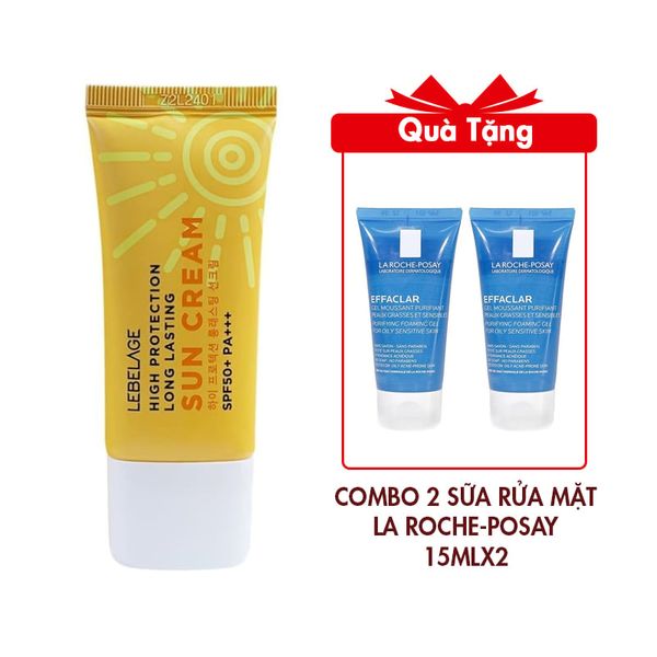 Kem Chống Nắng Chống Thấm Nước Lebelage SPF50+ Pa+++ High Protection Long Lasting Sun Cream 30ml (màu vàng) Tặng 2 Sữa Rửa Mặt La Roche-Posay Effeclar Purifying Foaming Gel 15mlx2