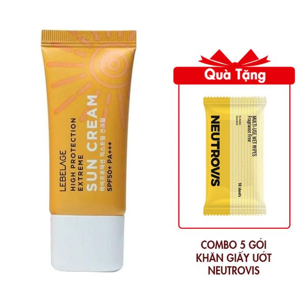 Kem Chống Nắng Lebelage High Protection Extreme Sun Cream SPF50+ PA+++ 30ml (màu cam) Tặng Combo 5 Gói Khăn Giấy Ướt Neutrovis