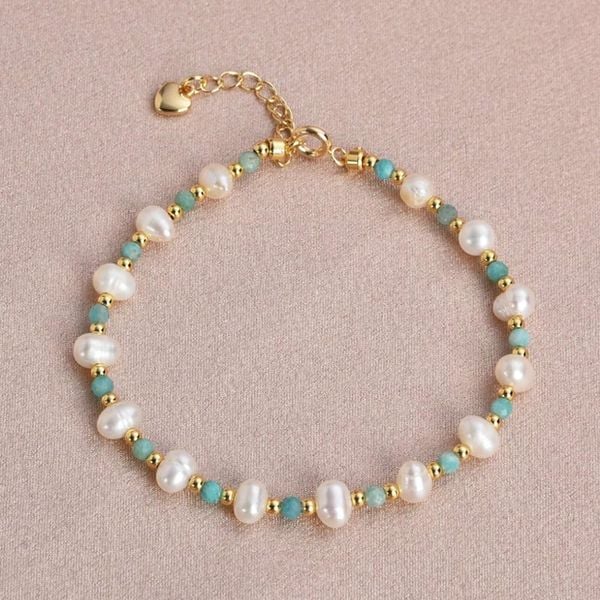 Vòng Tay Mạ Vàng 24K Kết Hợp Ngọc Trai Tự Nhiên Và Đá Amazonit