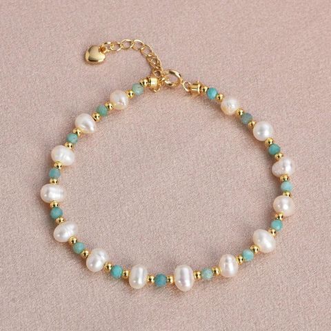 Vòng Tay Mạ Vàng 24K Kết Hợp Ngọc Trai Tự Nhiên Và Đá Amazonit