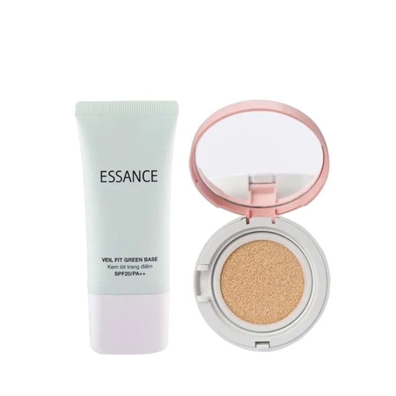 Combo Kem Lót Hiệu Chỉnh Sắc Da Kiểm Soát Dầu Essance Veil Fit Green Base SPF20 PA++ 30ml Và Phấn Nước Mịn Lì Mờ Khuyết Điểm Essance Veil Fit Cushion SPF50+ Pa+++ 15G No 21 Sand Ivory Tông Da Sáng